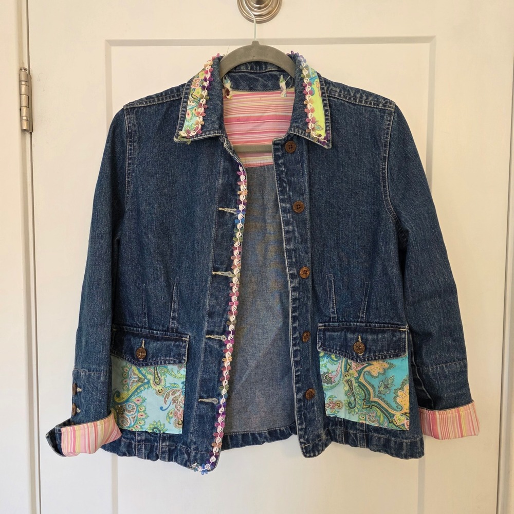 Vintage Denim Jacket Paisley Patchwork Y2k Whimsy Dopamine Boho Mixed Media Blue
